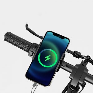 Foldable black e-bike with phone charger